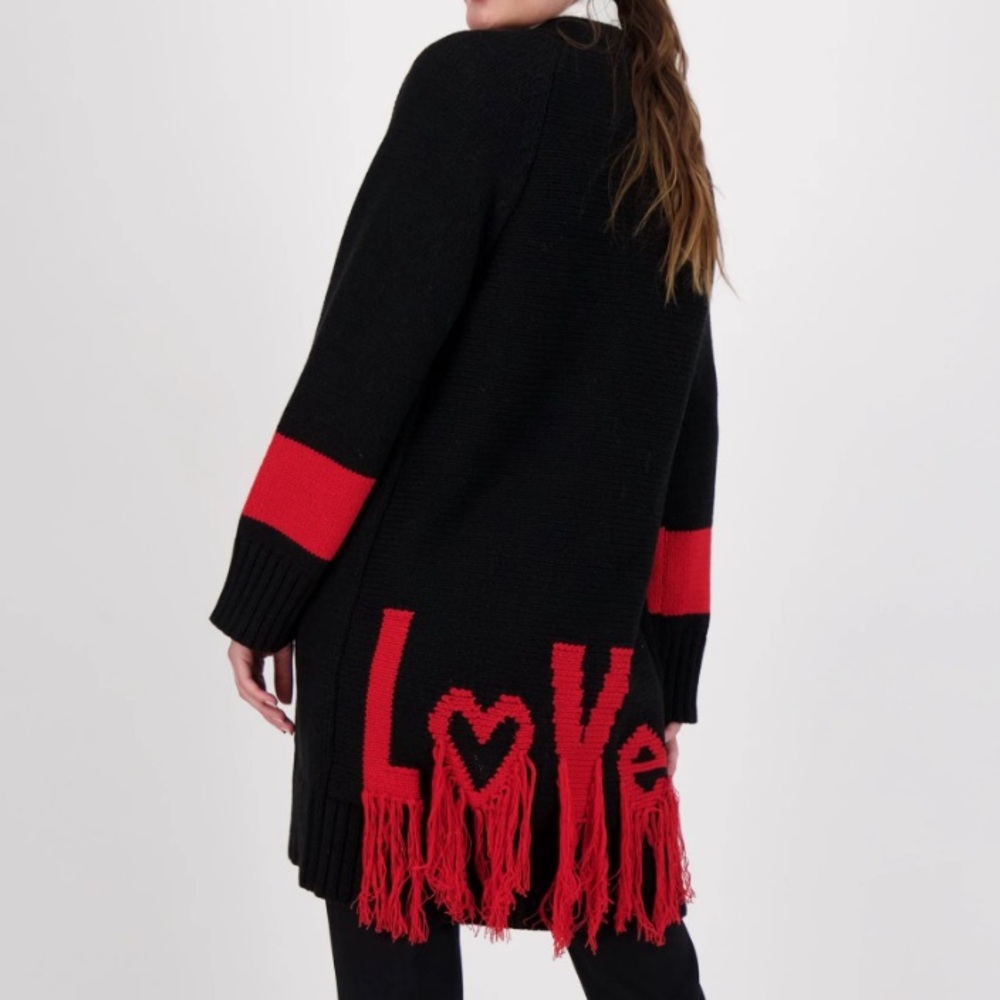 Gabby Isabella LOVE fringe Black and Red Long Cardigan size Large